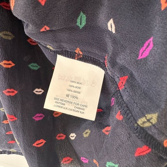 J.Crew Ruffle-Neck Silk Top in Lips Print size 8 Tall Navy Blue 100% Silk - Picture 10 of 12